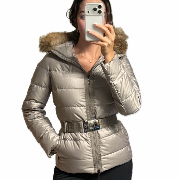 MONCLERSilver Puffer Jacket with Faux Fur Trim